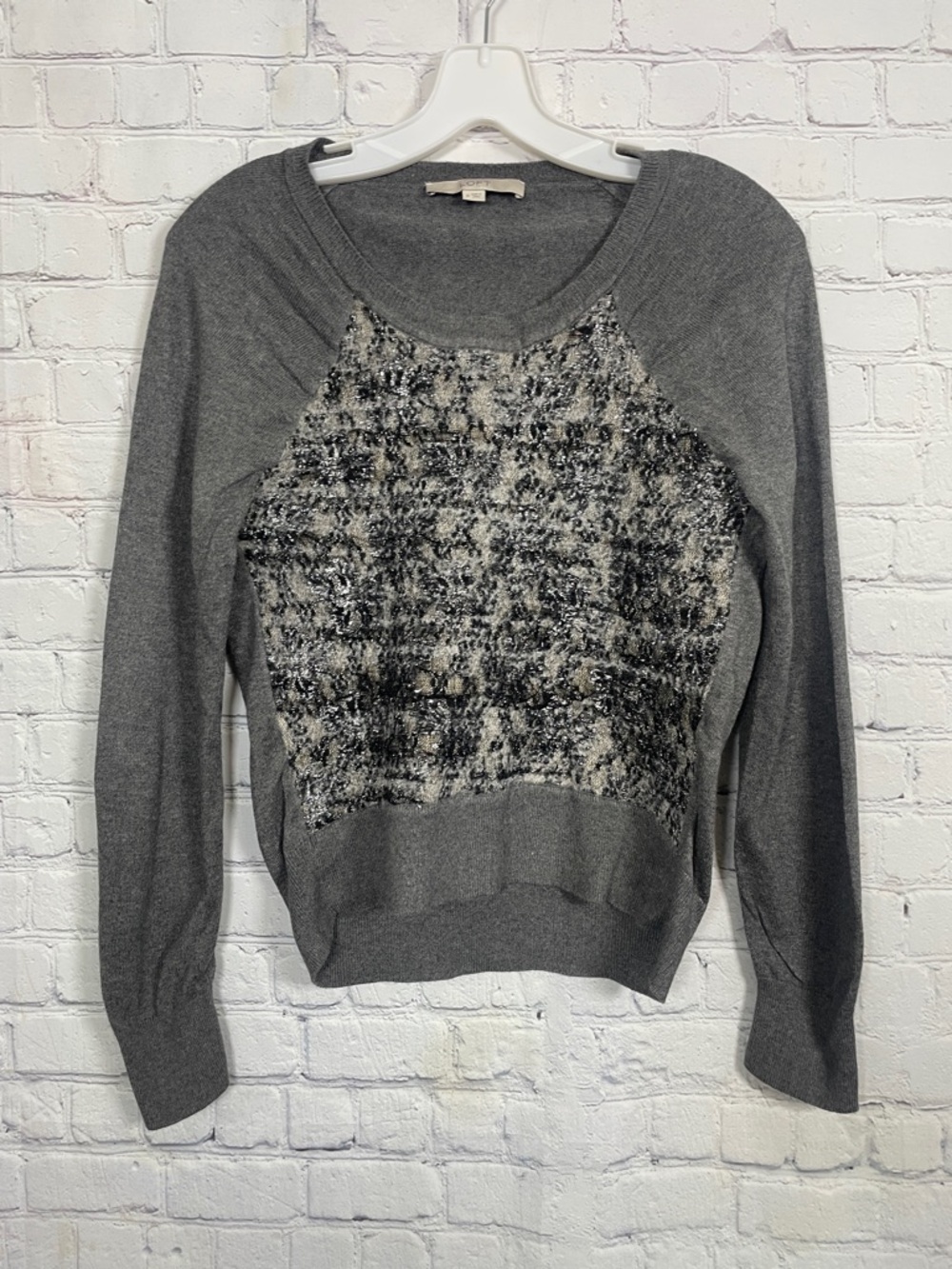 LOFT Gray Mixed-Texture Scoop Neck Black & Ivory Floral Lace Sweater Medium